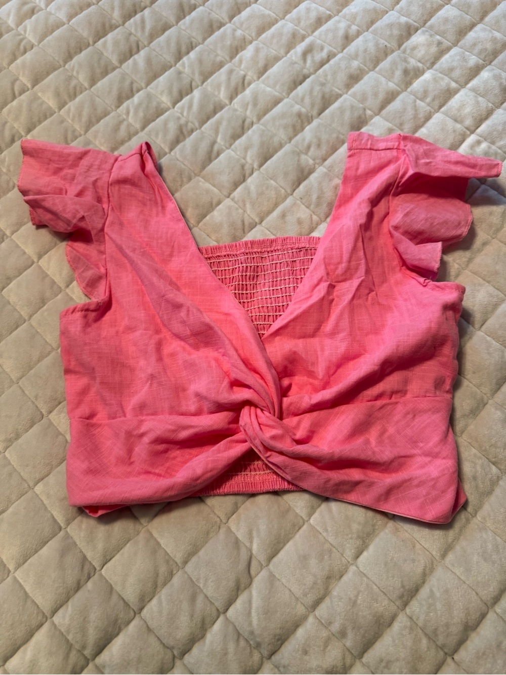 SHEIN Coral Pink Twist-Front Crop Top with Flutter Sleeves